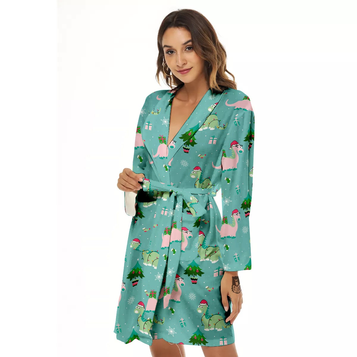 Dinosaur Xmas Print Pattern Women's Robe-grizzshop