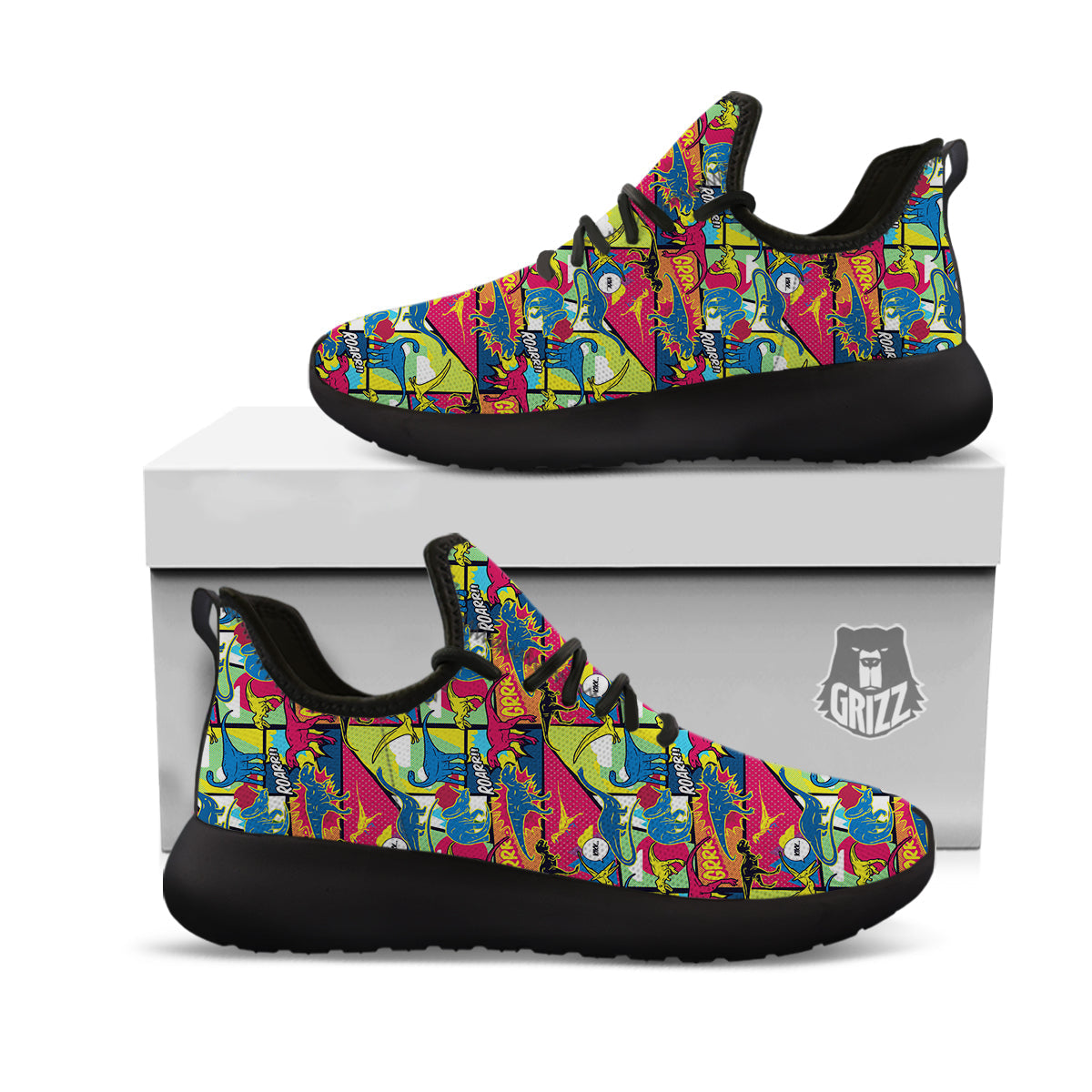 Dinosaurs Comic Print Pattern Black Athletic Shoes-grizzshop