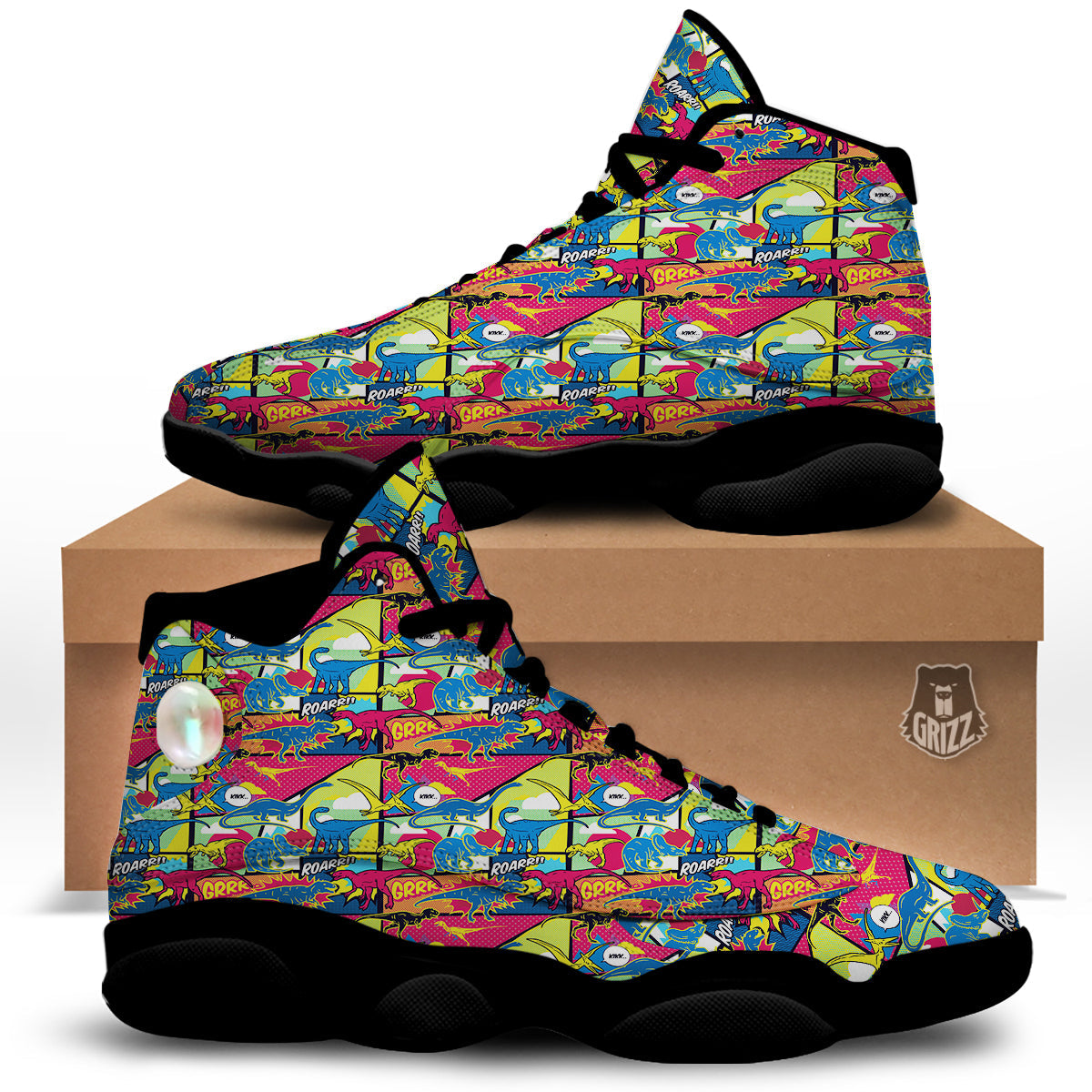 Dinosaurs Comic Print Pattern Black Basketball Shoes-grizzshop