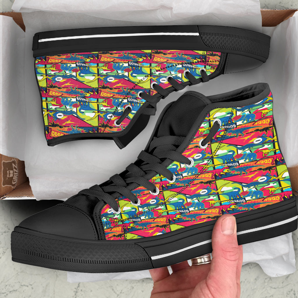 Dinosaurs Comic Print Pattern Black High Top Shoes-grizzshop