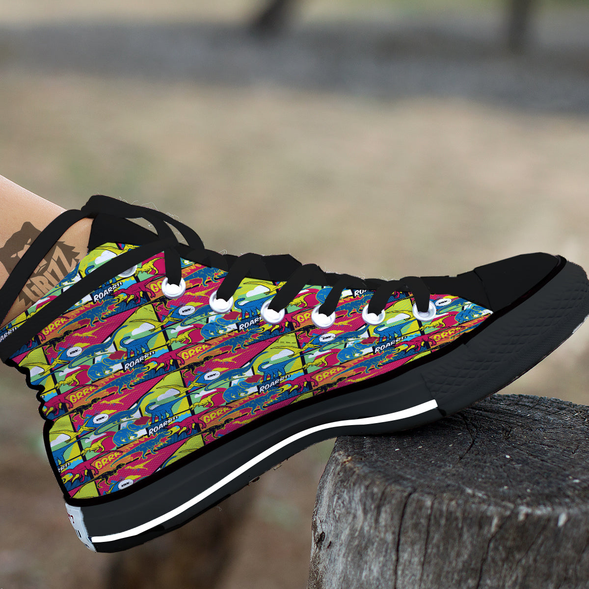 Dinosaurs Comic Print Pattern Black High Top Shoes-grizzshop