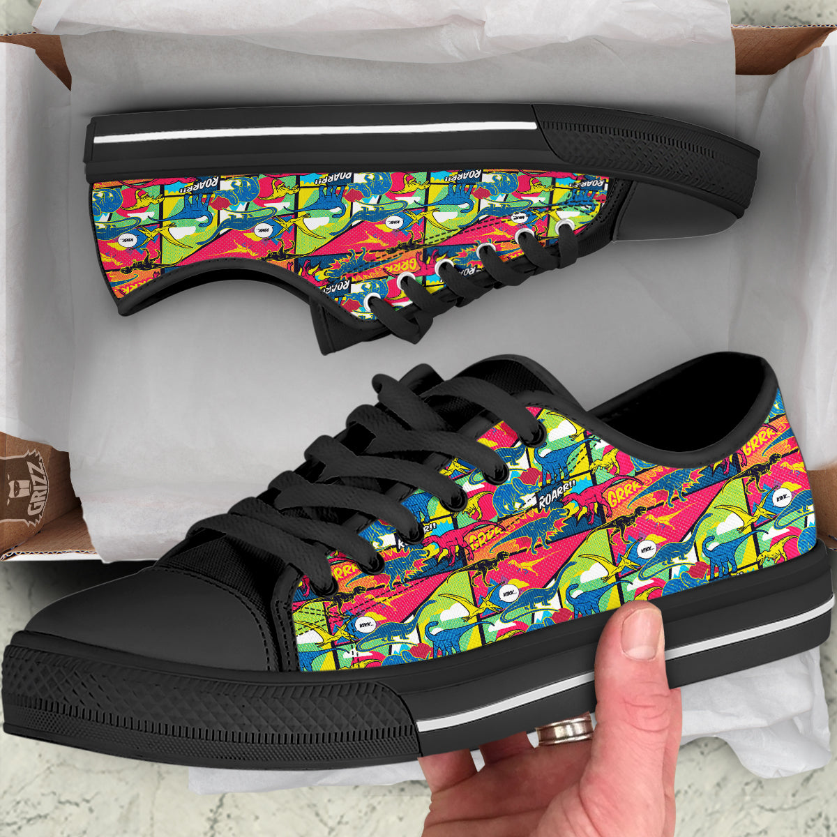 Dinosaurs Comic Print Pattern Black Low Top Shoes-grizzshop