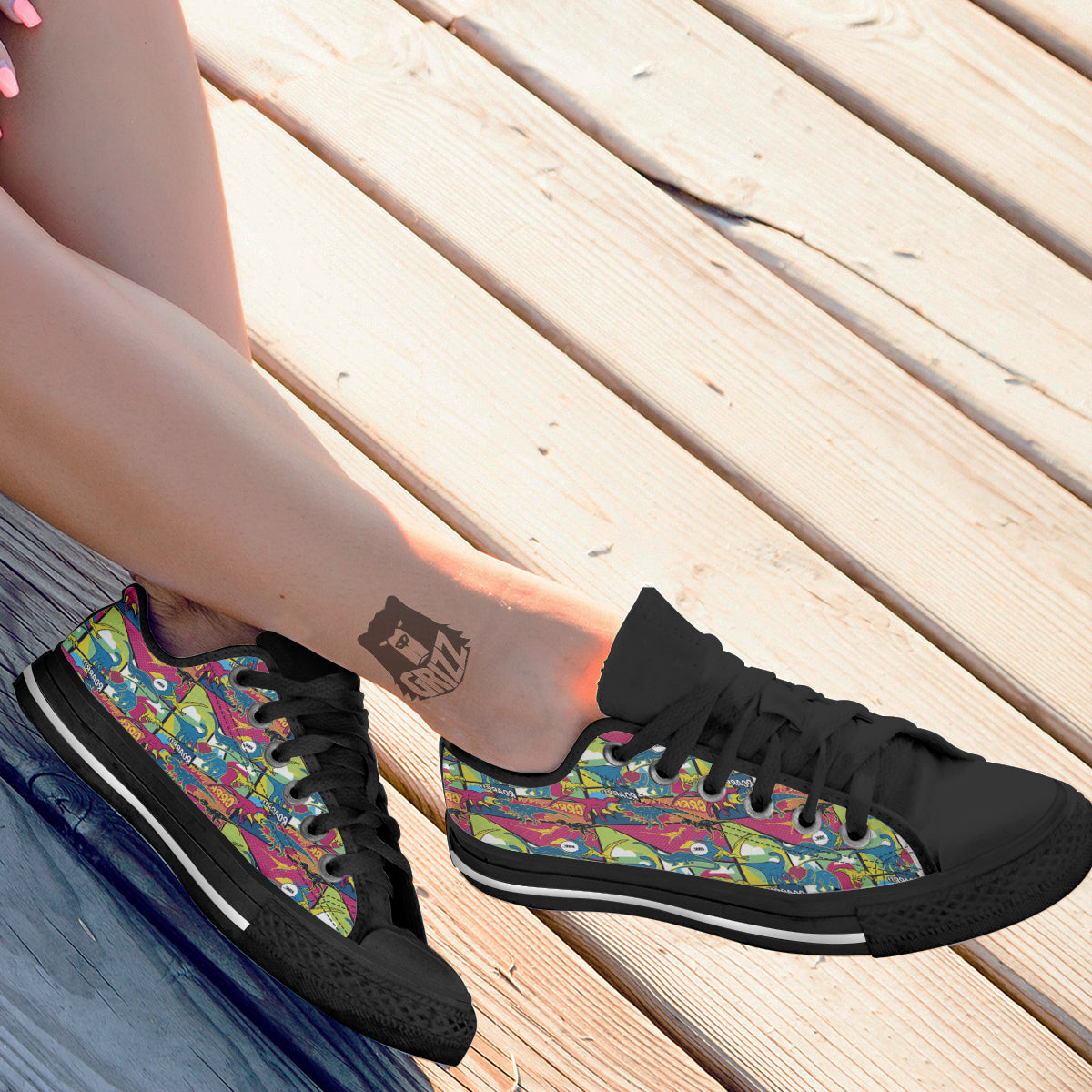 Dinosaurs Comic Print Pattern Black Low Top Shoes-grizzshop