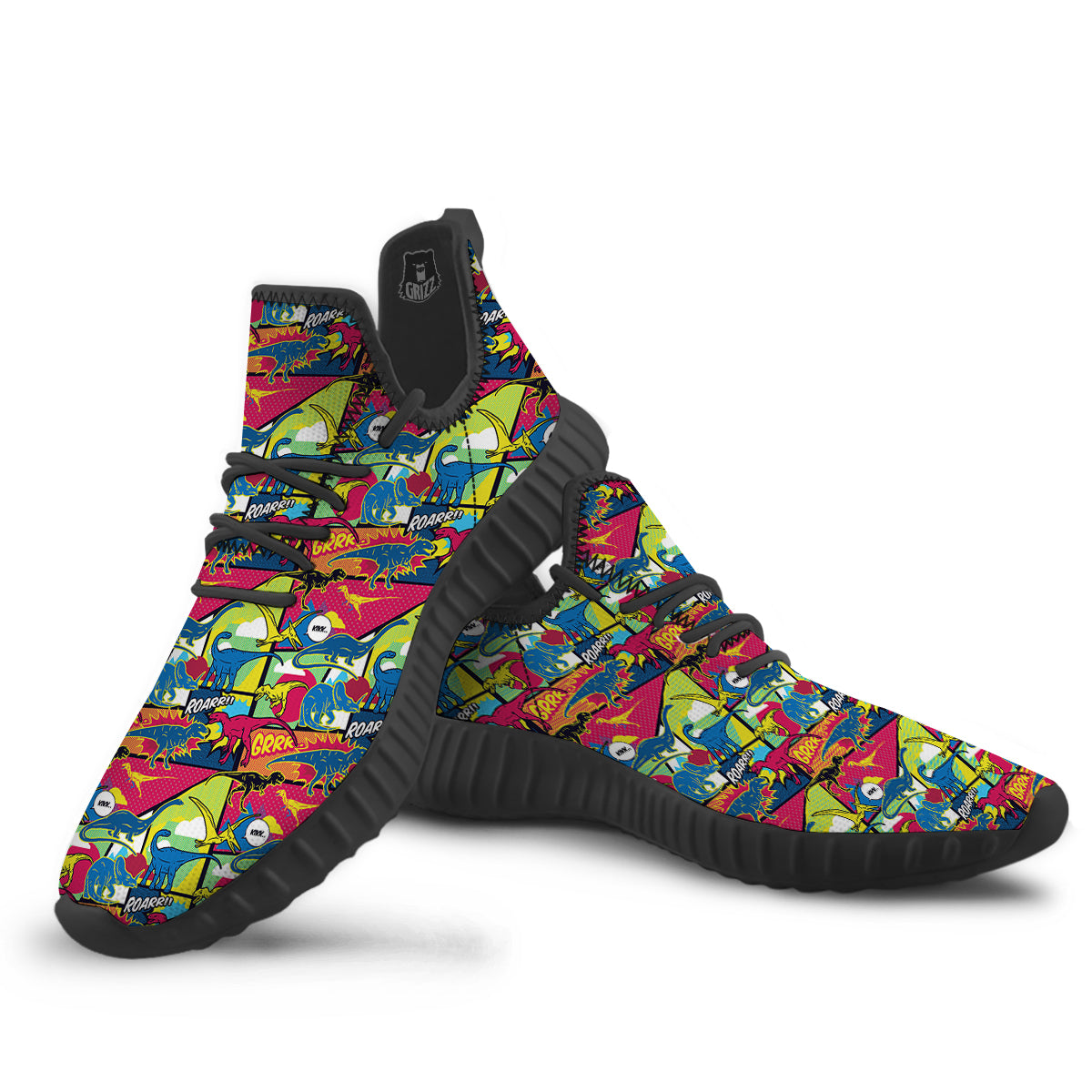 Dinosaurs Comic Print Pattern Black Walking Shoes-grizzshop