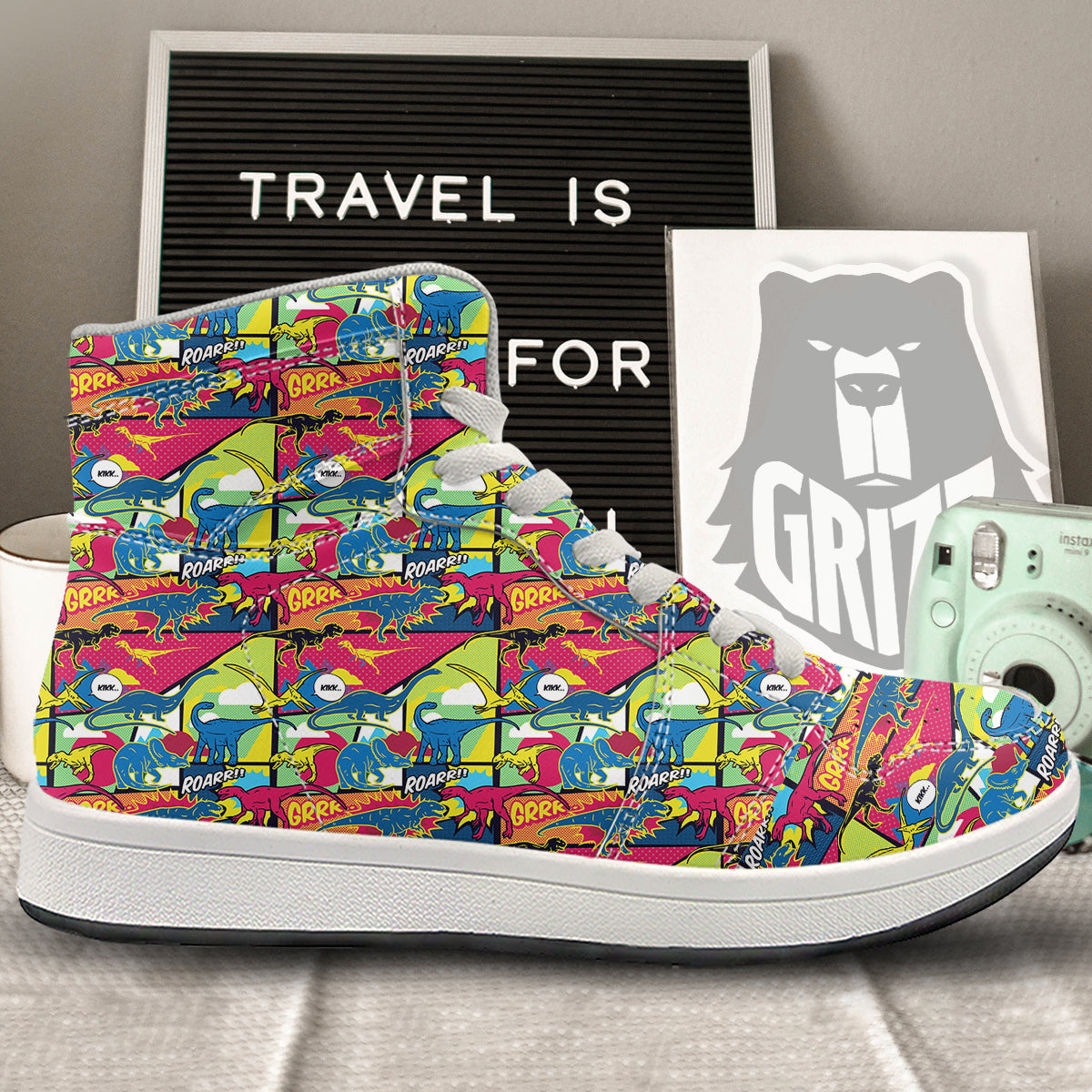 Dinosaurs Comic Print Pattern High Top Sneakers-grizzshop