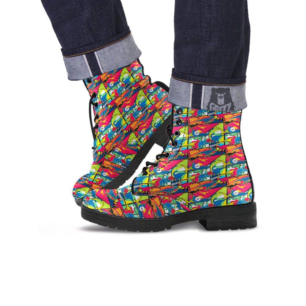 Dinosaurs Comic Print Pattern Leather Boots-grizzshop
