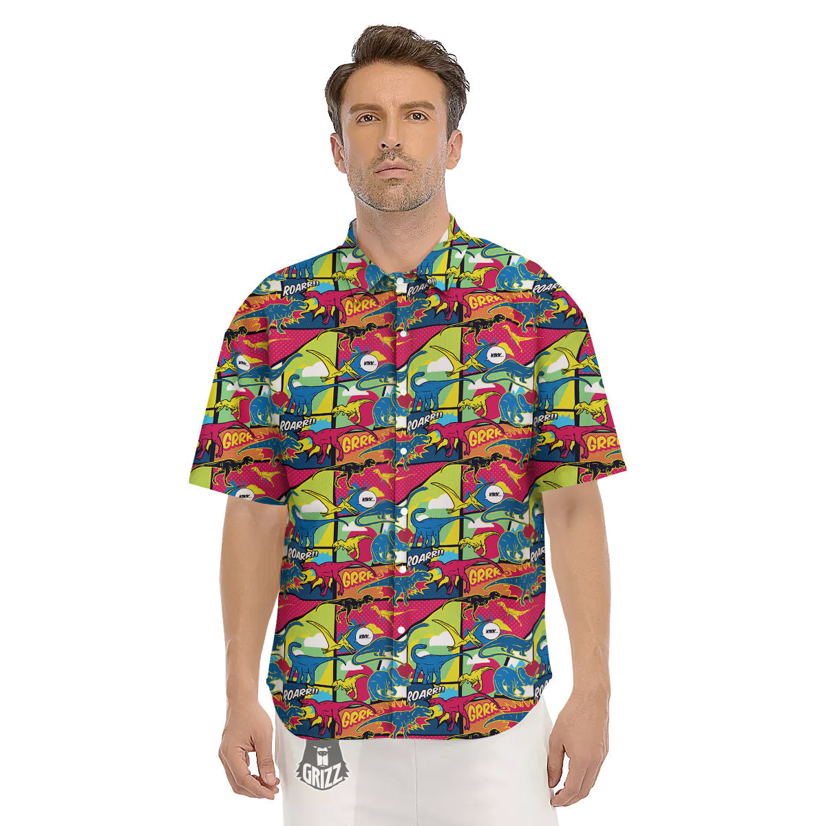 Dinosaurs Comic Print Pattern Men's Short Sleeve Shirts-grizzshop