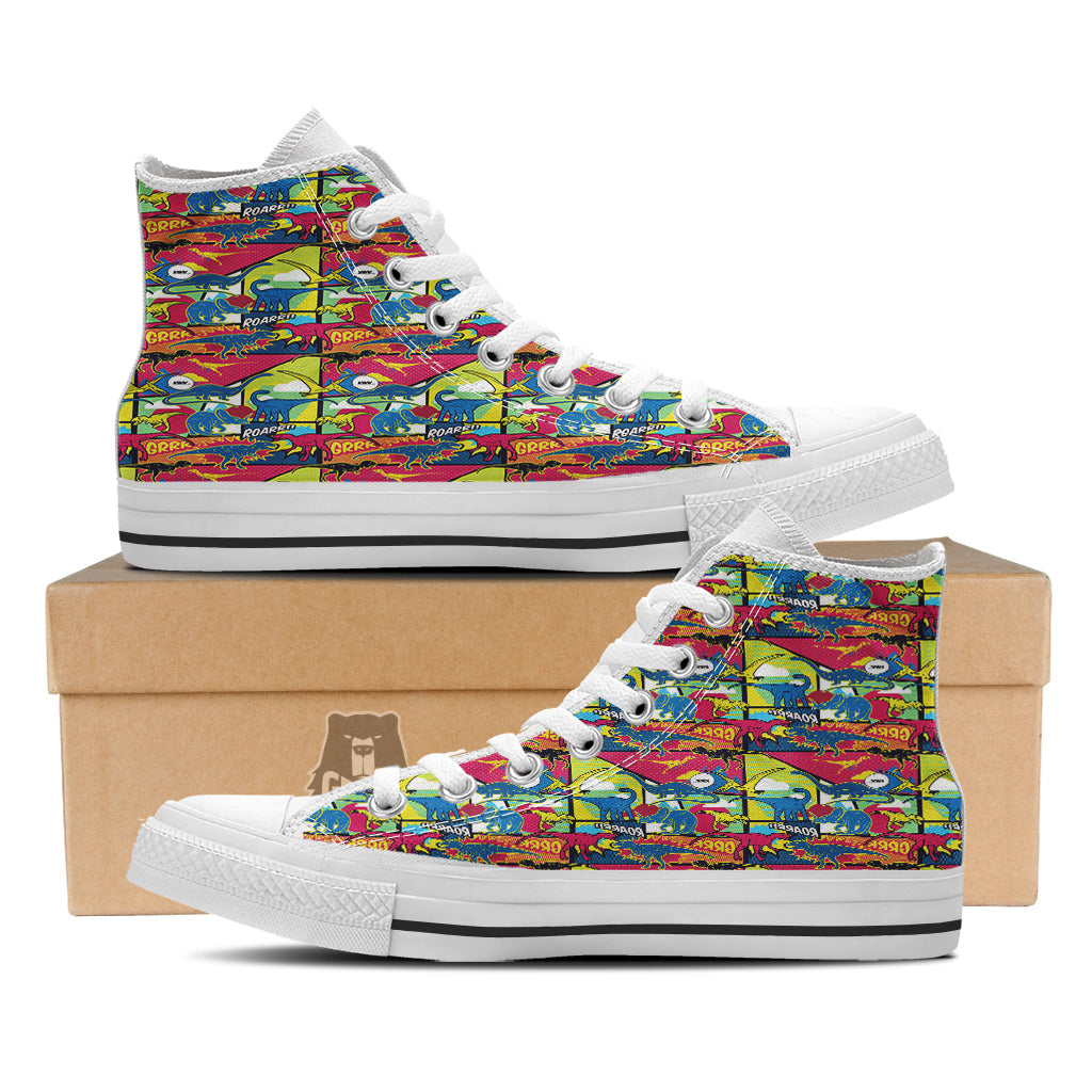 Dinosaurs Comic Print Pattern White High Top Shoes-grizzshop