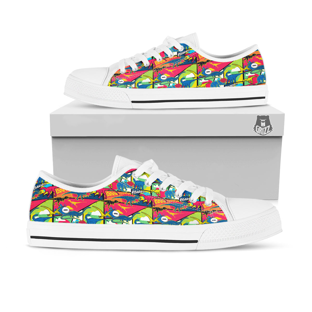 Dinosaurs Comic Print Pattern White Low Top Shoes-grizzshop