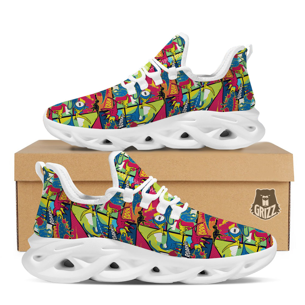 Dinosaurs Comic Print Pattern White Running Shoes-grizzshop