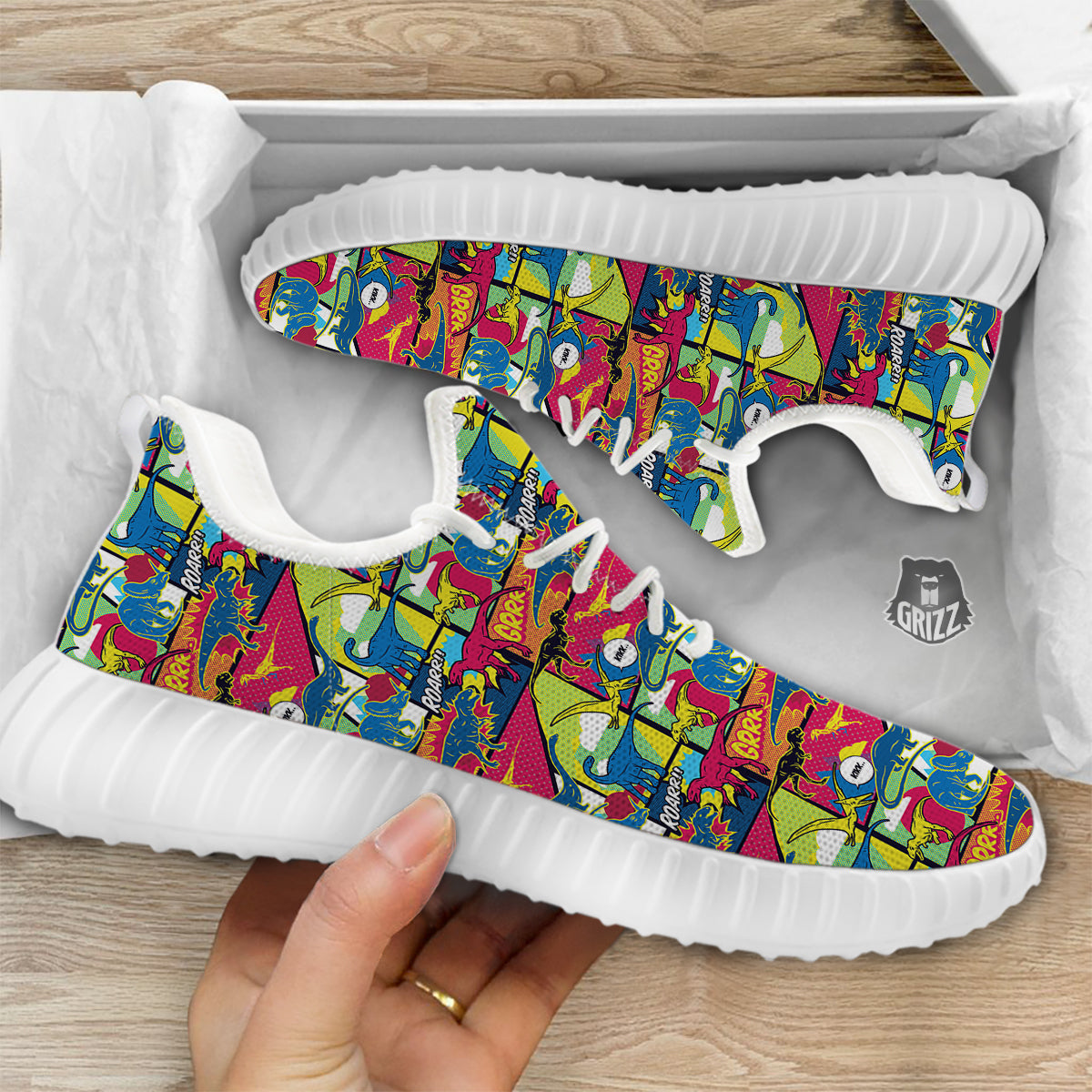 Dinosaurs Comic Print Pattern White Walking Shoes-grizzshop