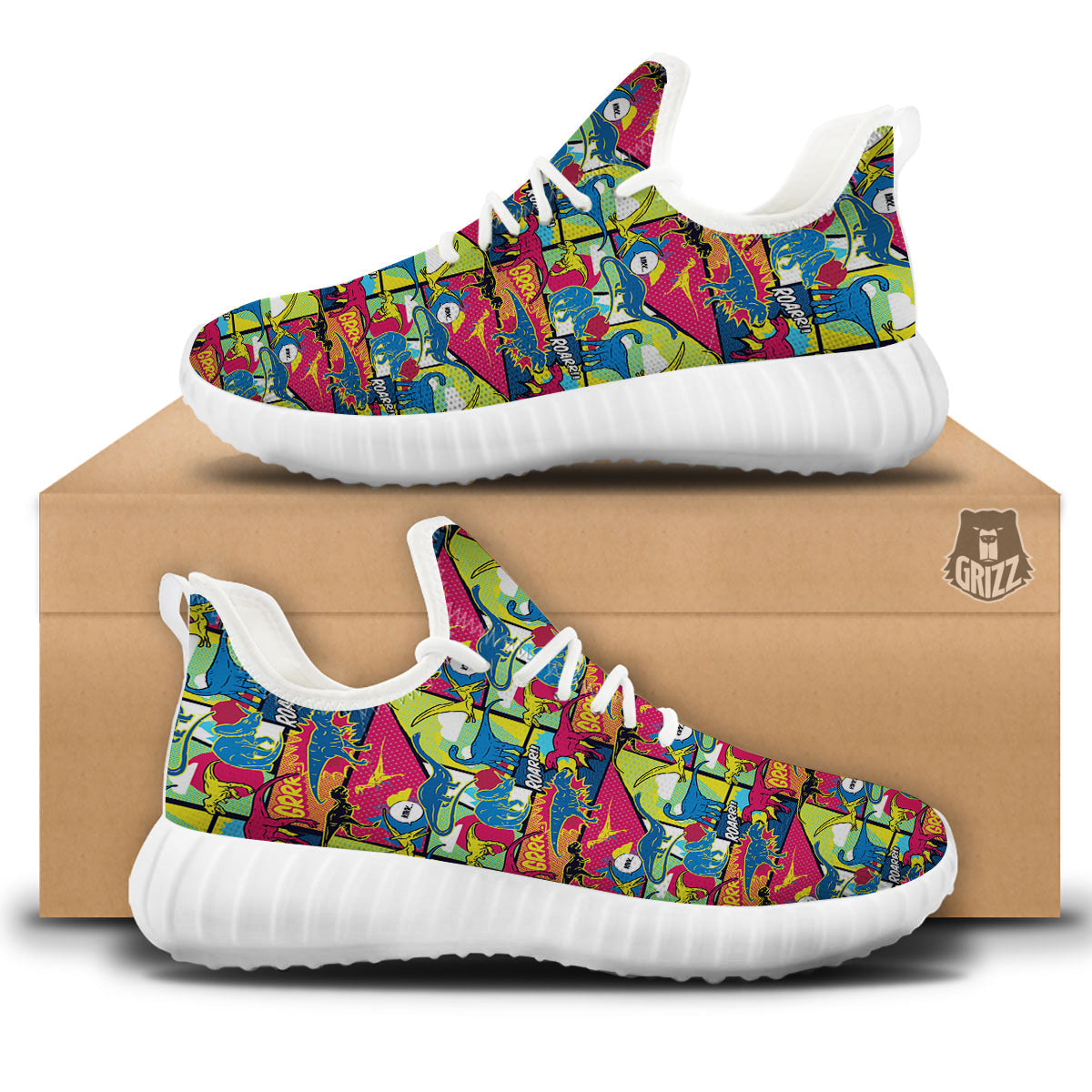 Dinosaurs Comic Print Pattern White Walking Shoes-grizzshop