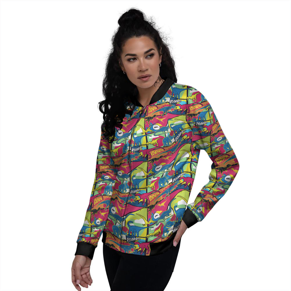 Dinosaurs Comic Print Pattern Women's Bomber Jacket-grizzshop