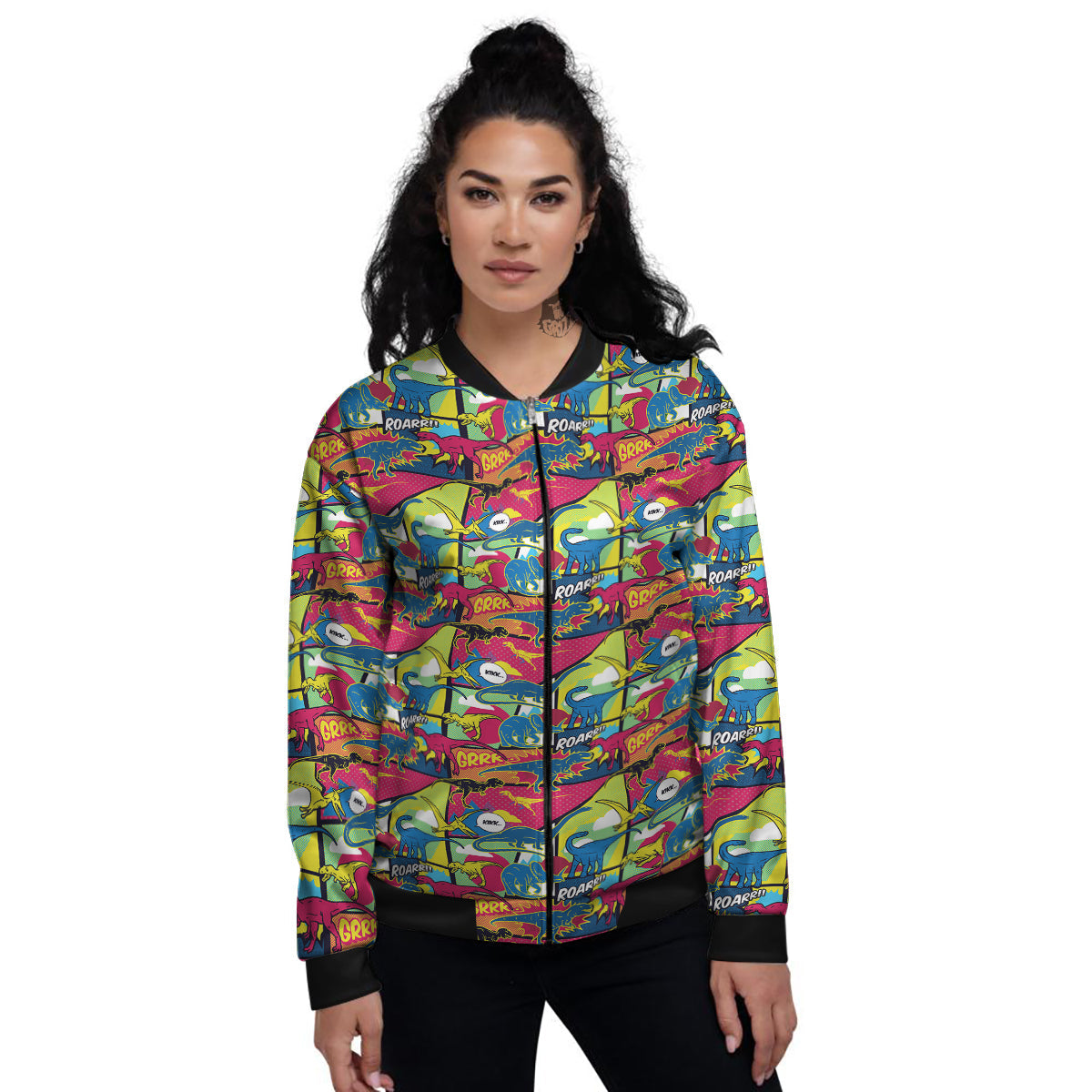 Dinosaurs Comic Print Pattern Women's Bomber Jacket-grizzshop