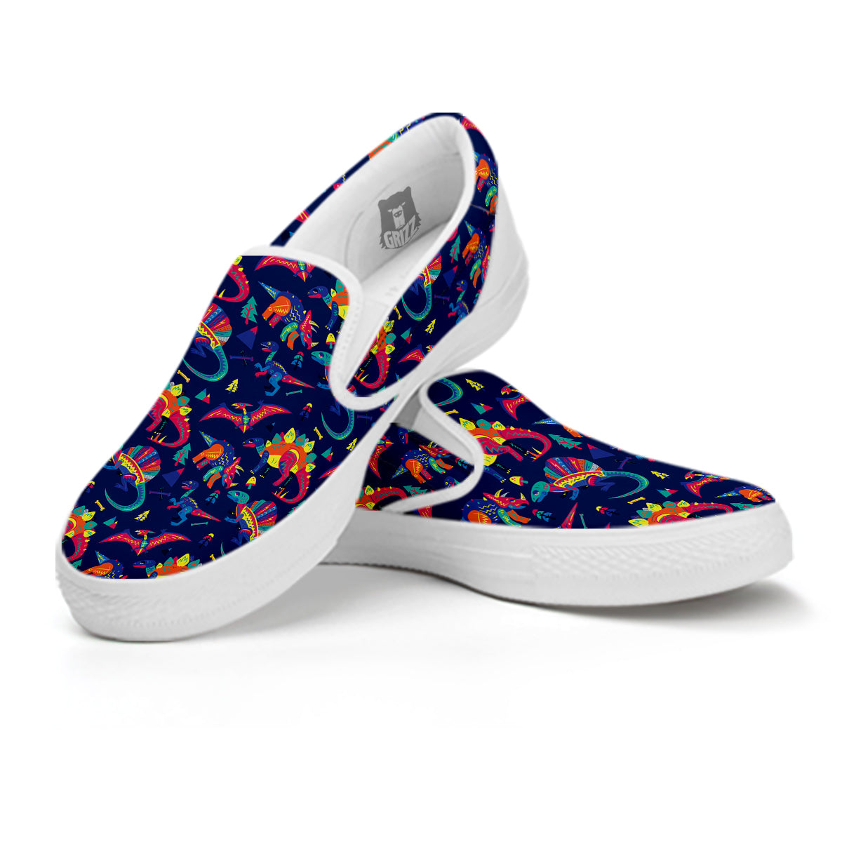 Dinosaurs Cute Colorful Print Pattern White Slip On Shoes-grizzshop