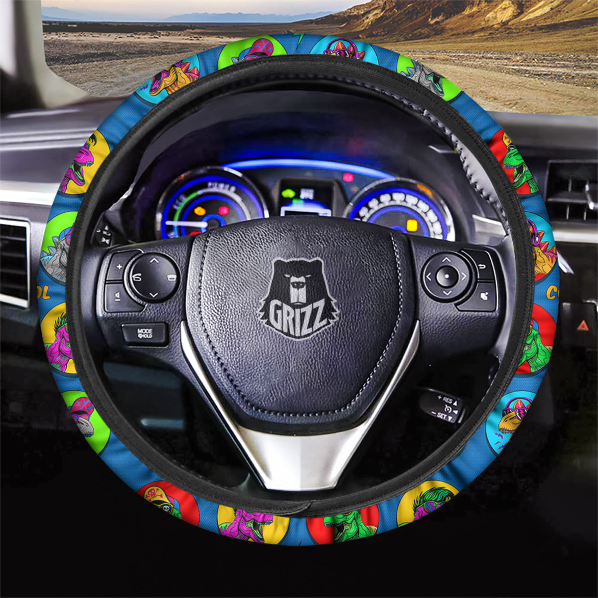 Dinosaurs Pop Art Print Pattern Car Steering Wheel Cover-grizzshop