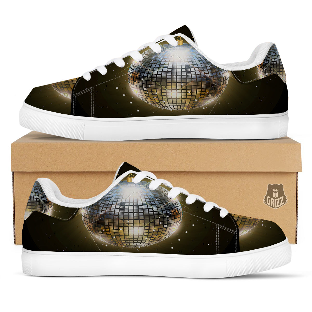 Disco Ball In Night Party Print White Low Top Sneakers-grizzshop