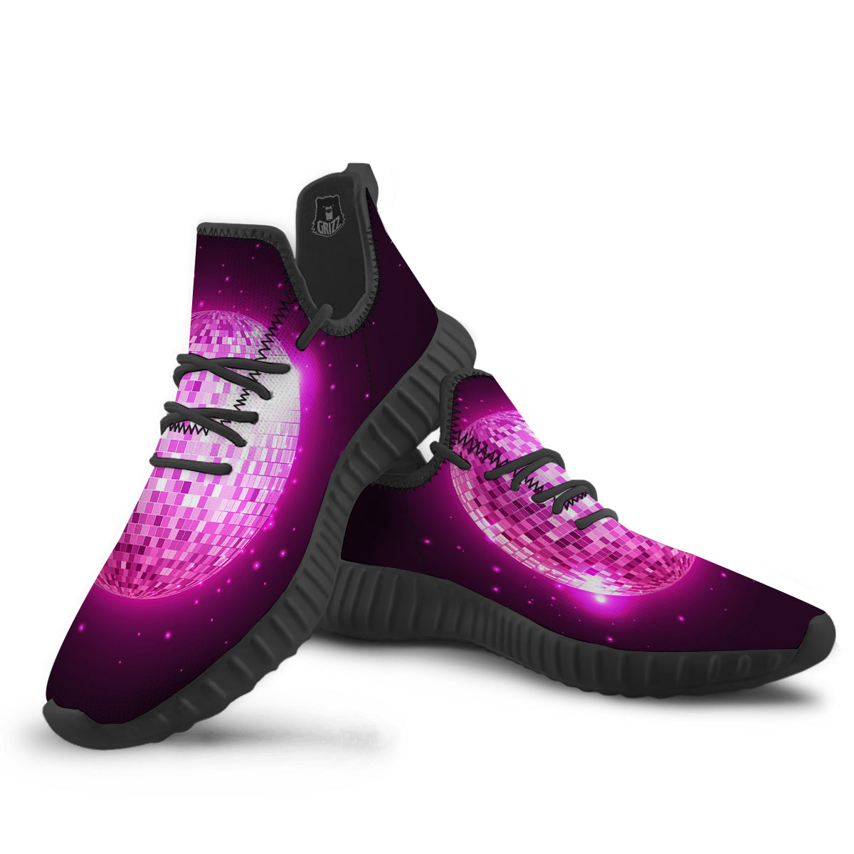 Disco Ball Light Pink Print Black Walking Shoes-grizzshop