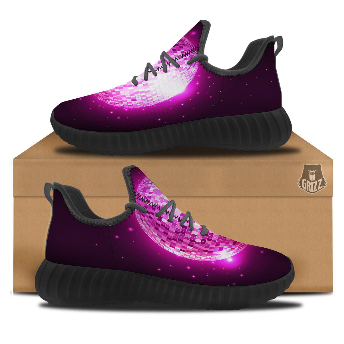 Disco Ball Light Pink Print Black Walking Shoes-grizzshop