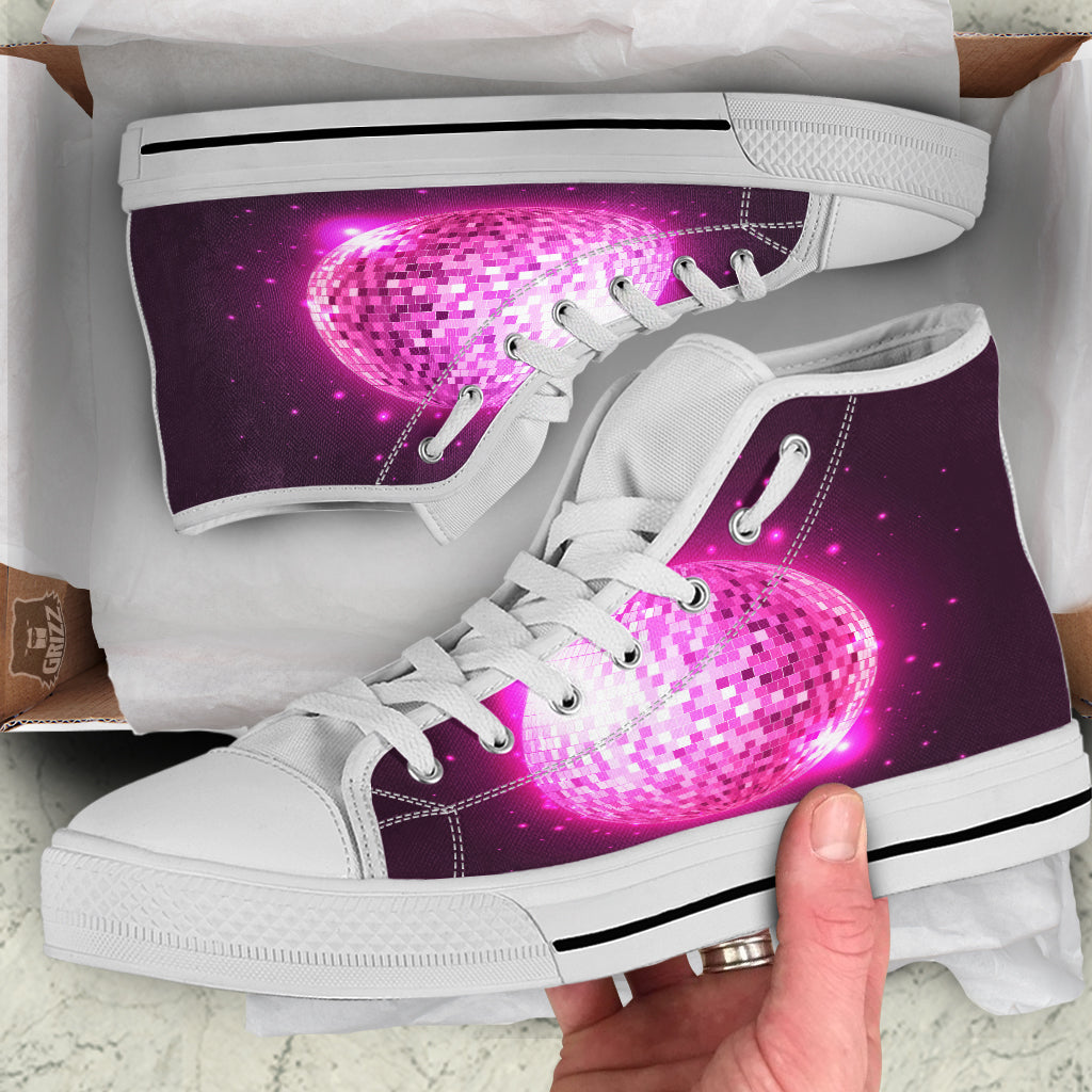 Disco Ball Light Pink Print White High Top Shoes-grizzshop