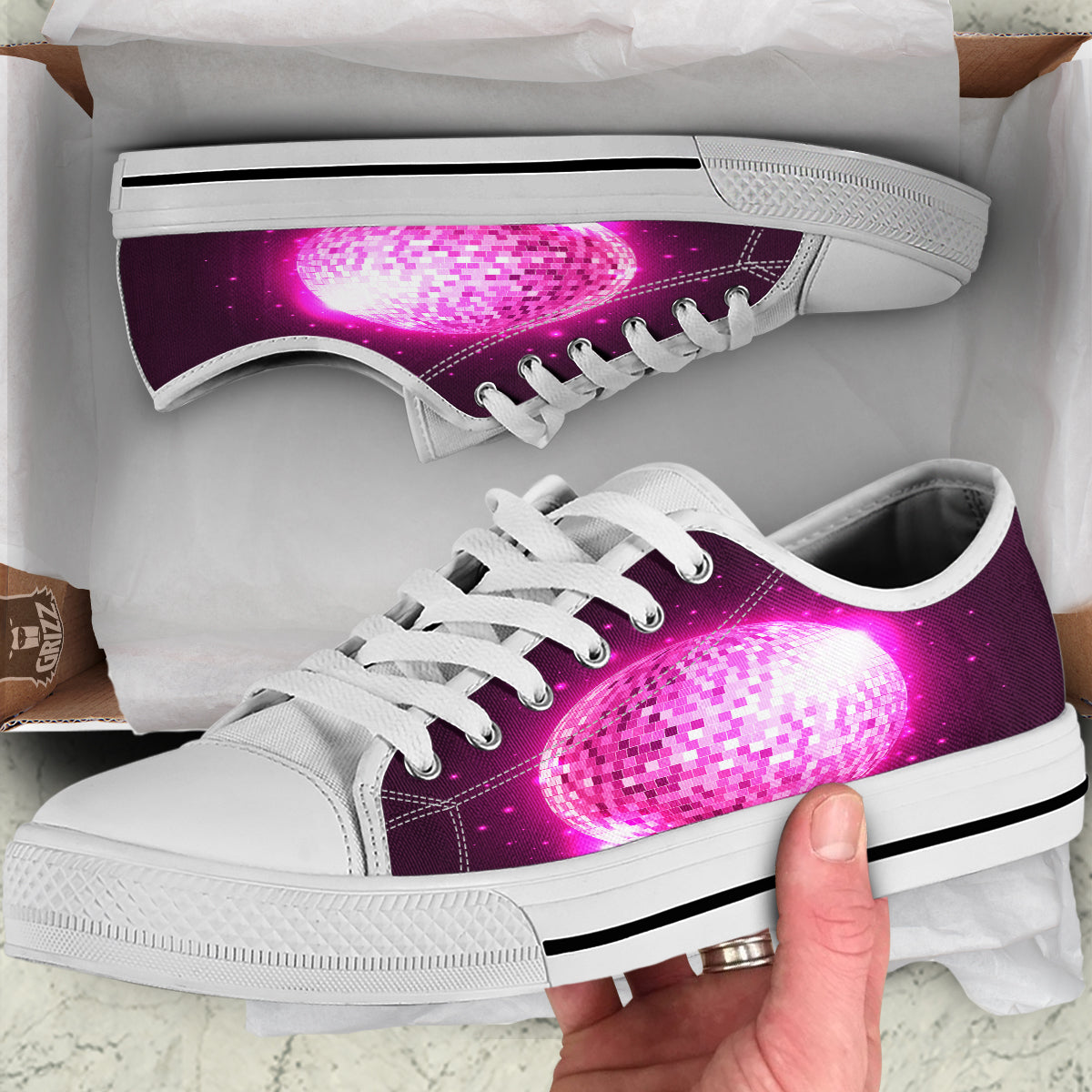Disco Ball Light Pink Print White Low Top Shoes-grizzshop