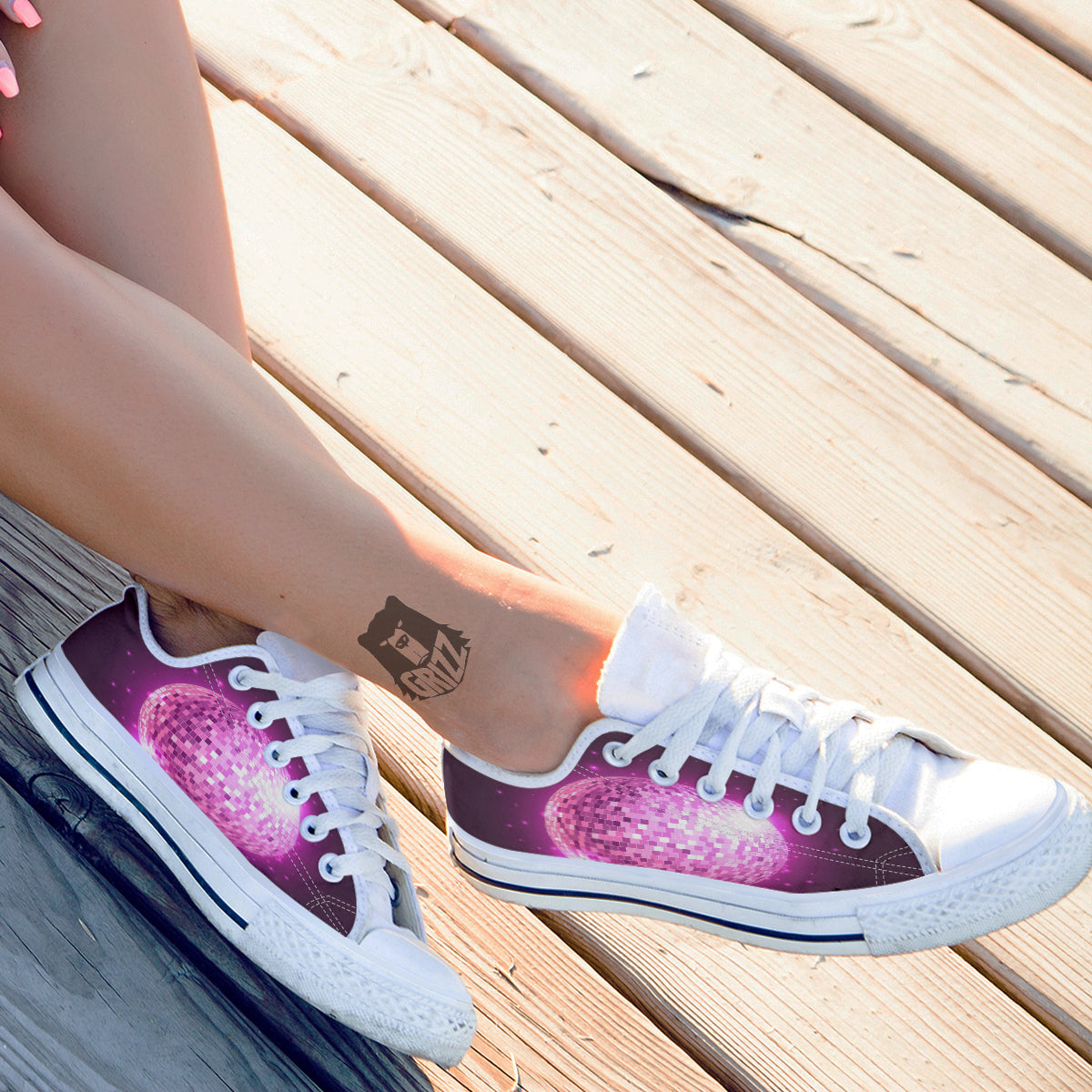 Disco Ball Light Pink Print White Low Top Shoes-grizzshop