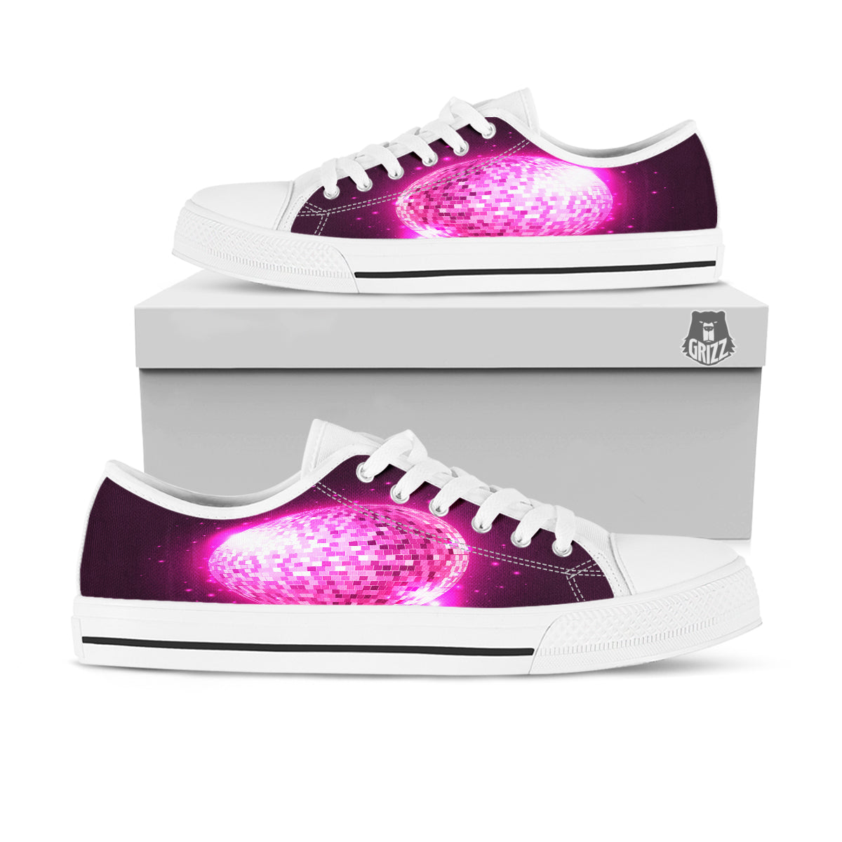 Disco Ball Light Pink Print White Low Top Shoes-grizzshop