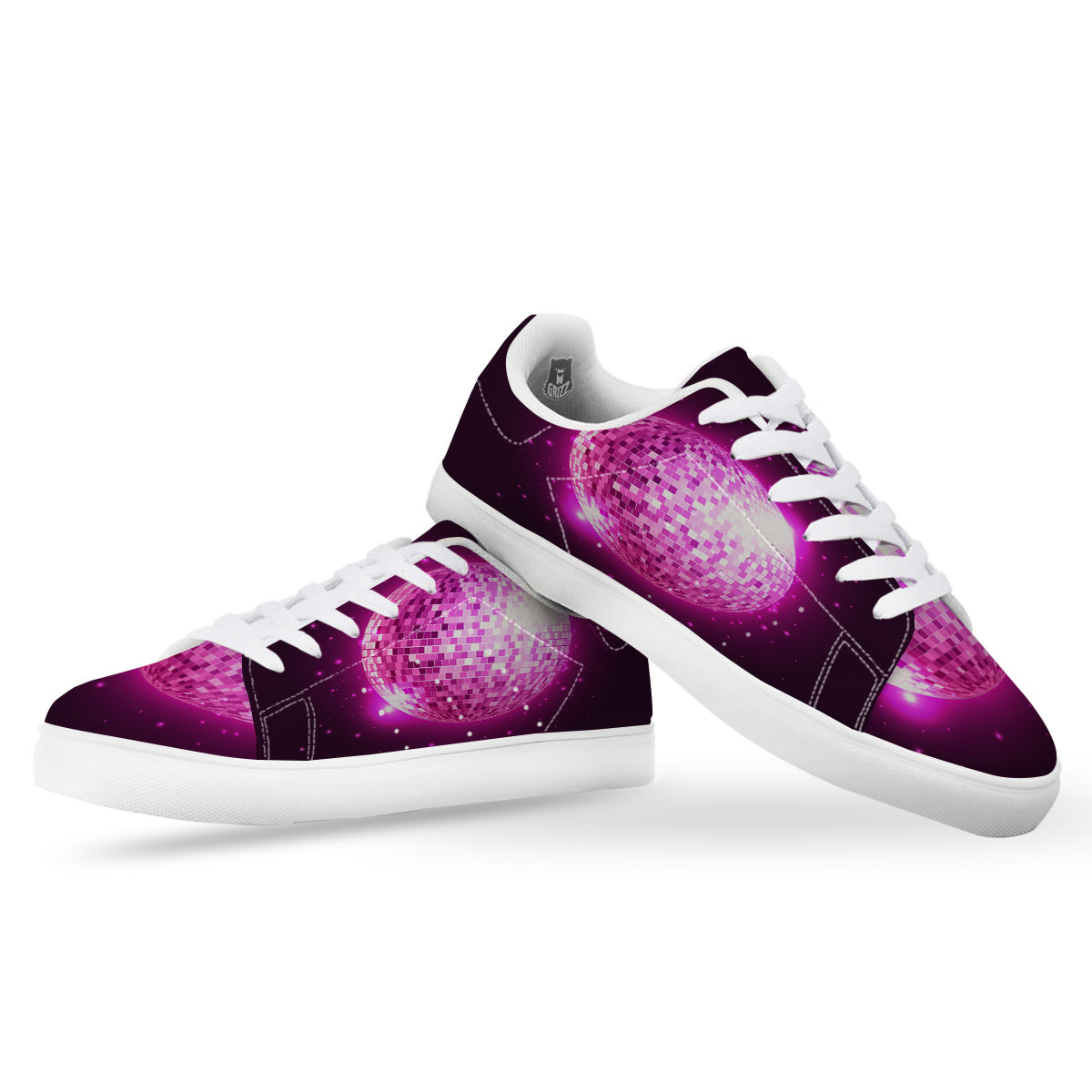 Disco Ball Light Pink Print White Low Top Sneakers-grizzshop