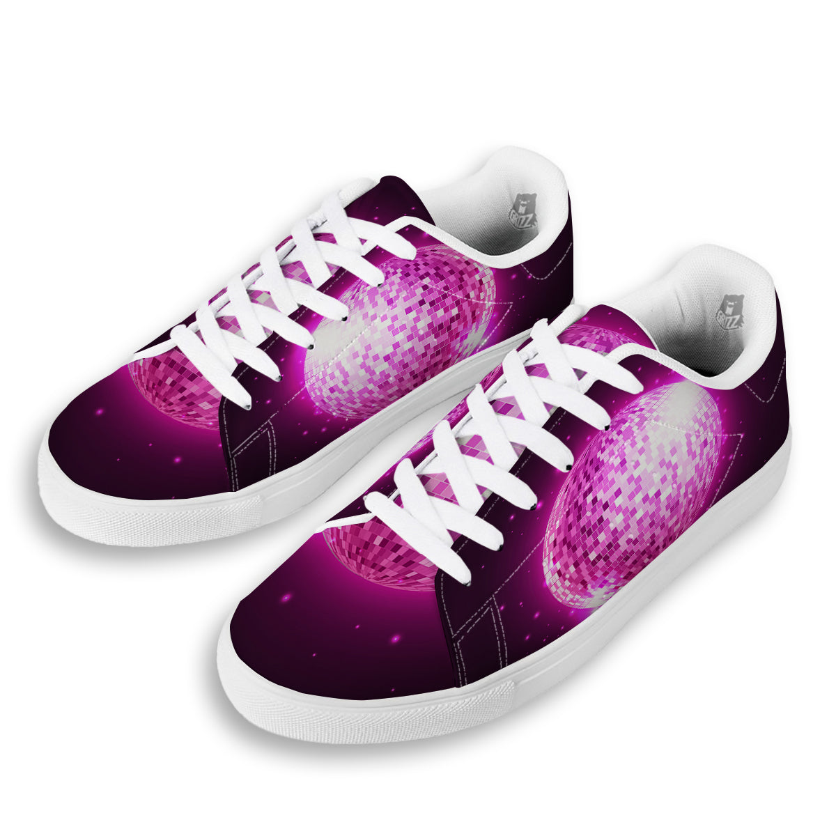 Disco Ball Light Pink Print White Low Top Sneakers-grizzshop