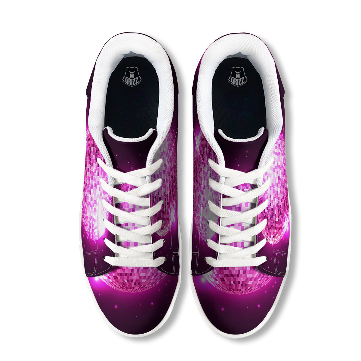 Disco Ball Light Pink Print White Low Top Sneakers-grizzshop