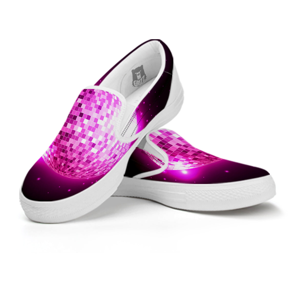 Disco Ball Light Pink Print White Slip On Shoes-grizzshop