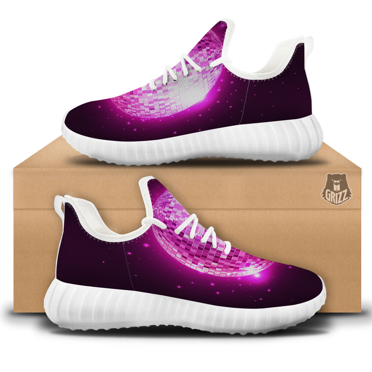 Disco Ball Light Pink Print White Walking Shoes-grizzshop