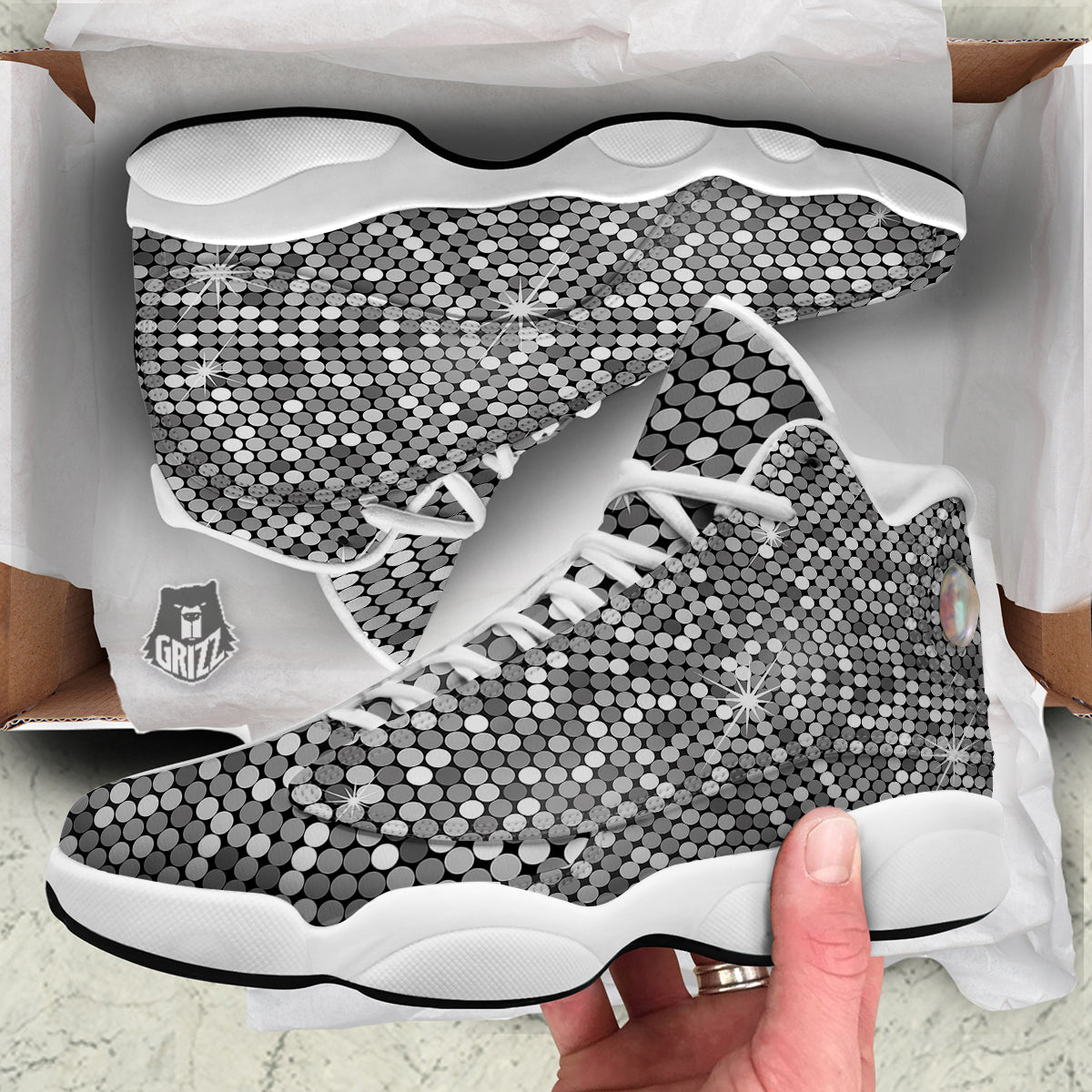 Disco Ball Texture Print White Basketball Shoes-grizzshop
