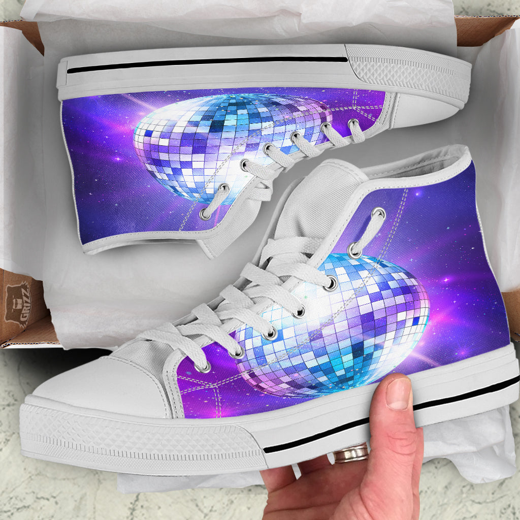 Disco Ball Ultraviolet Print White High Top Shoes-grizzshop