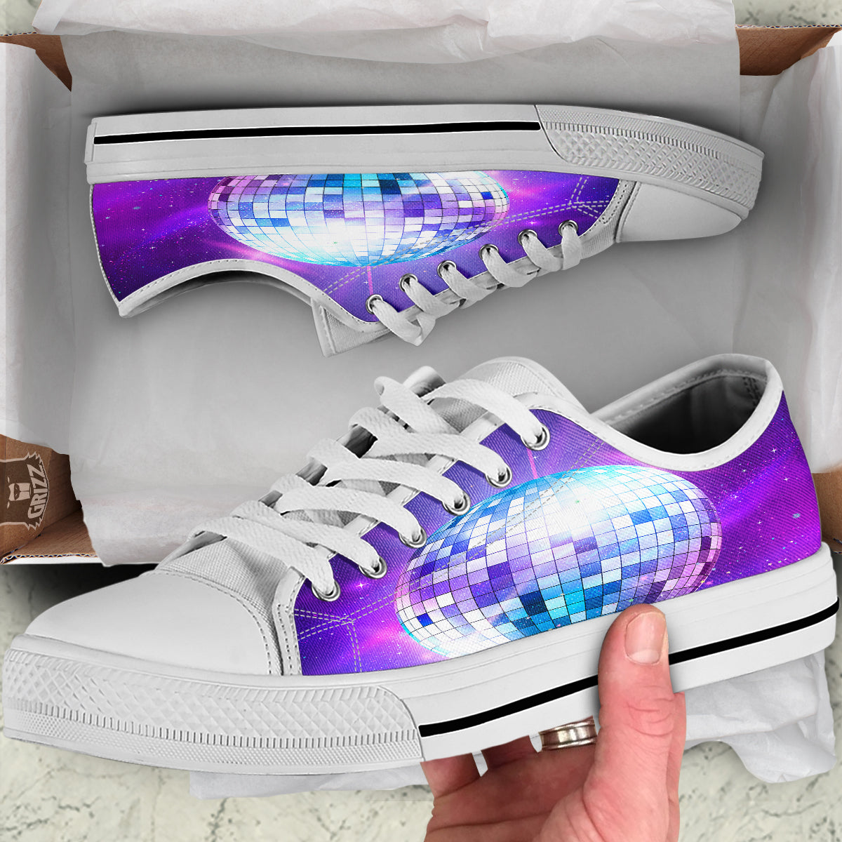 Disco Ball Ultraviolet Print White Low Top Shoes-grizzshop