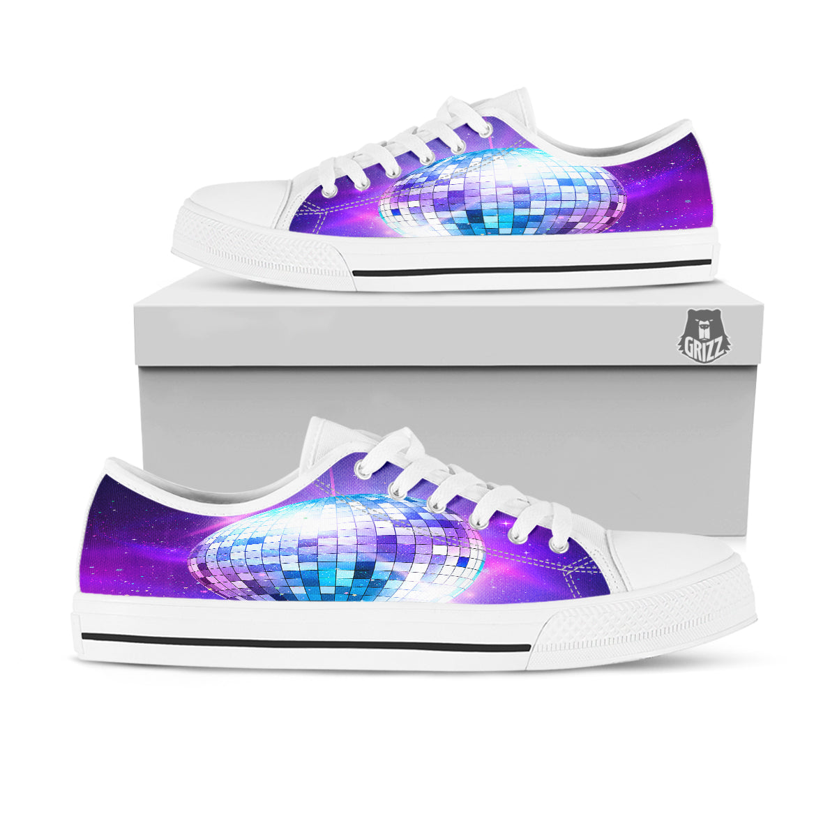 Disco Ball Ultraviolet Print White Low Top Shoes-grizzshop
