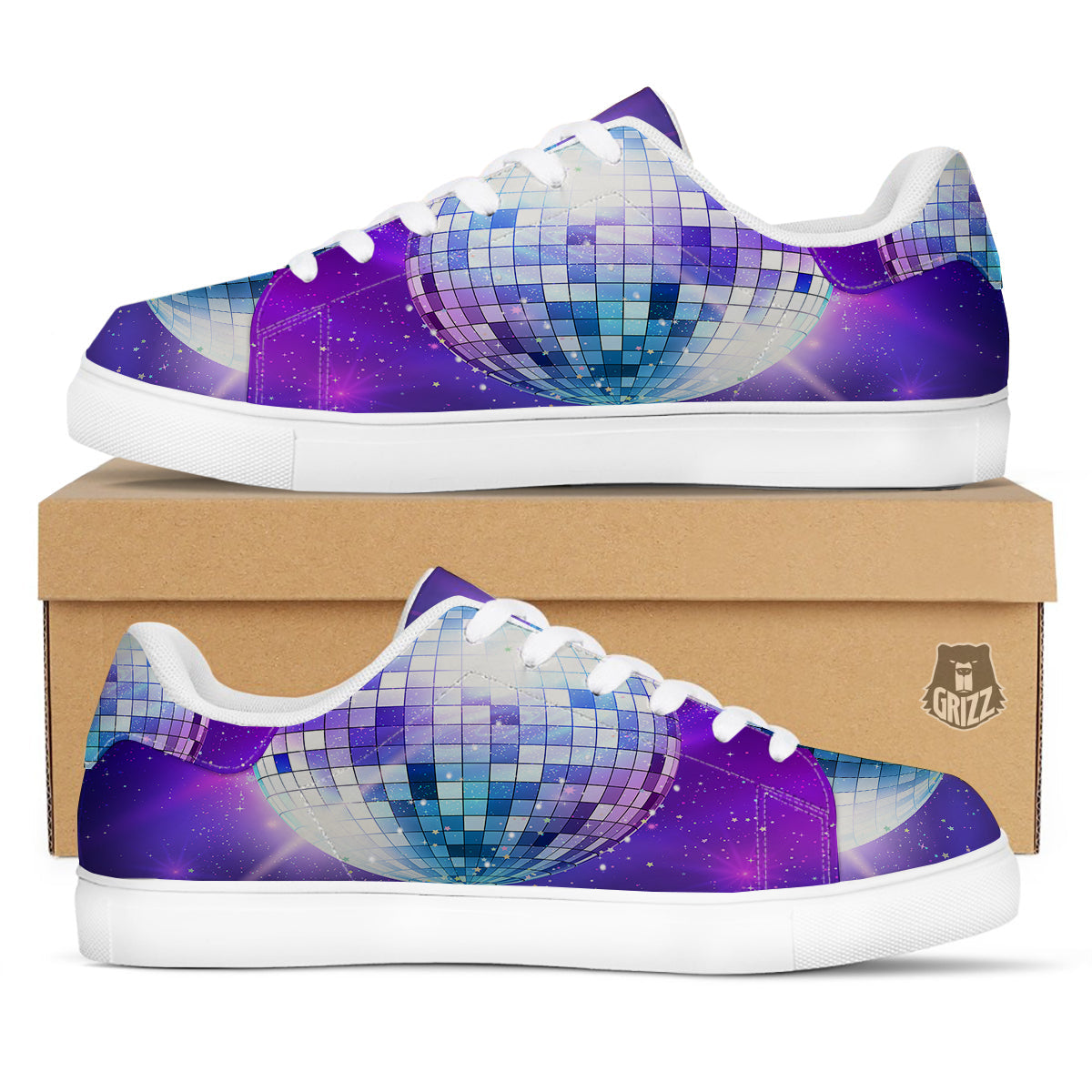 Disco Ball Ultraviolet Print White Low Top Sneakers-grizzshop