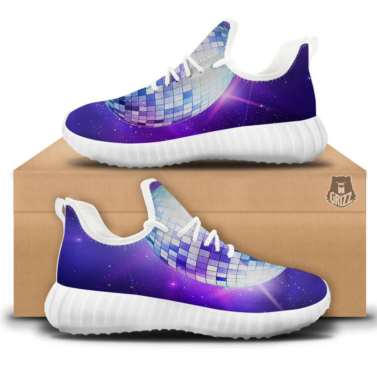 Disco Ball Ultraviolet Print White Walking Shoes-grizzshop
