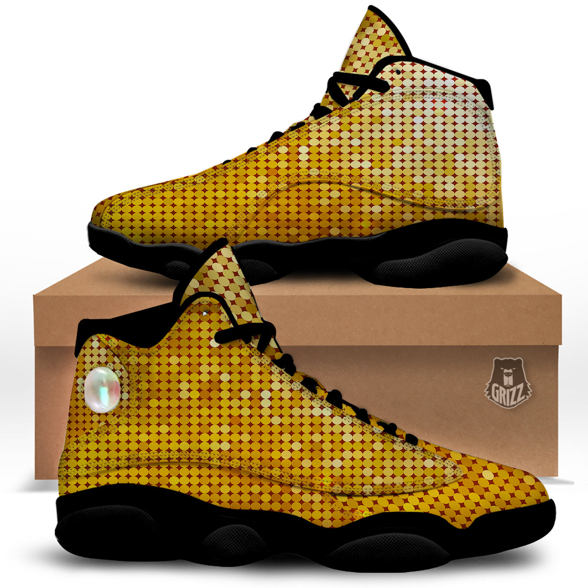 Disco Shiny Golden Texture Print Black Basketball Shoes-grizzshop