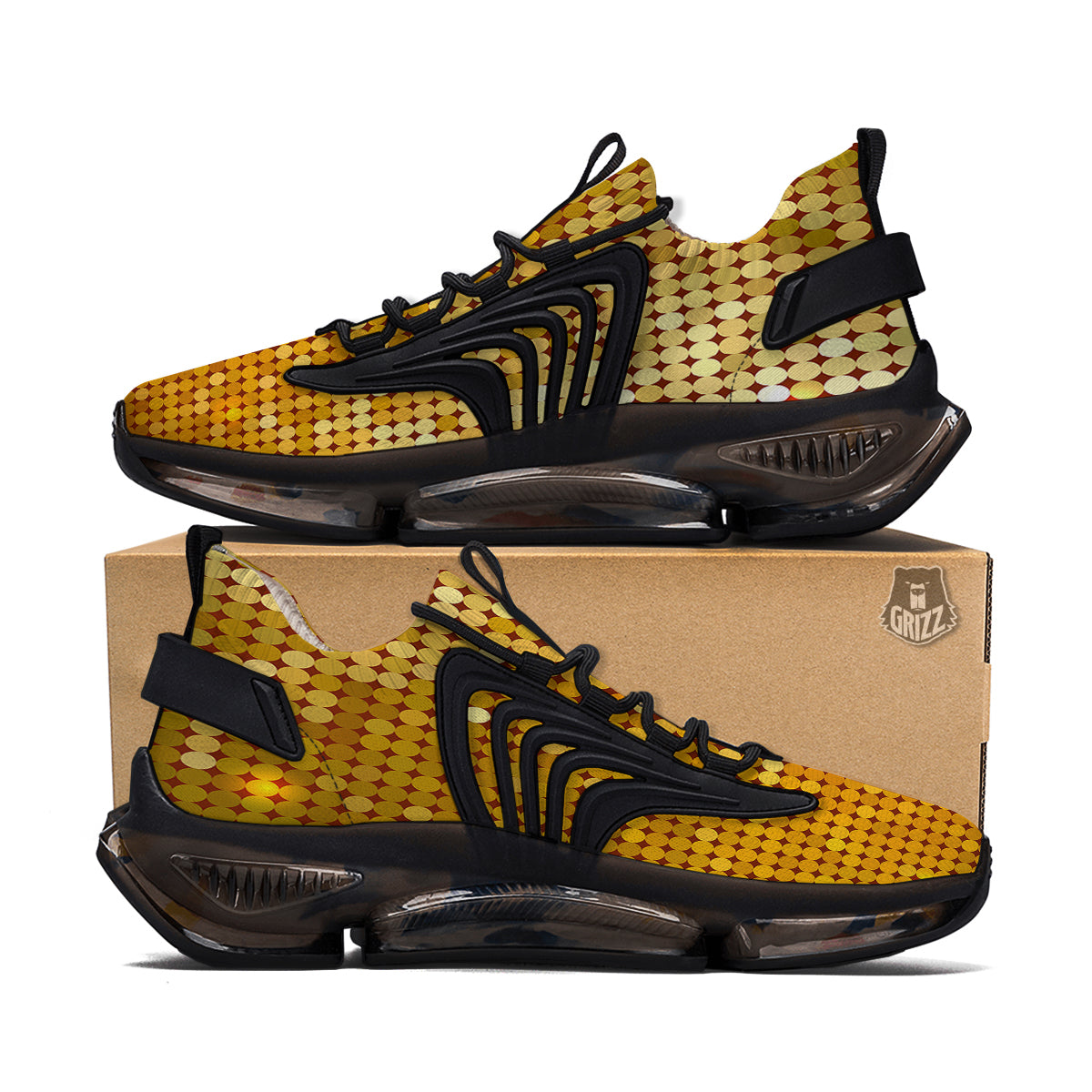 Disco Shiny Golden Texture Print Black Gym Shoes-grizzshop