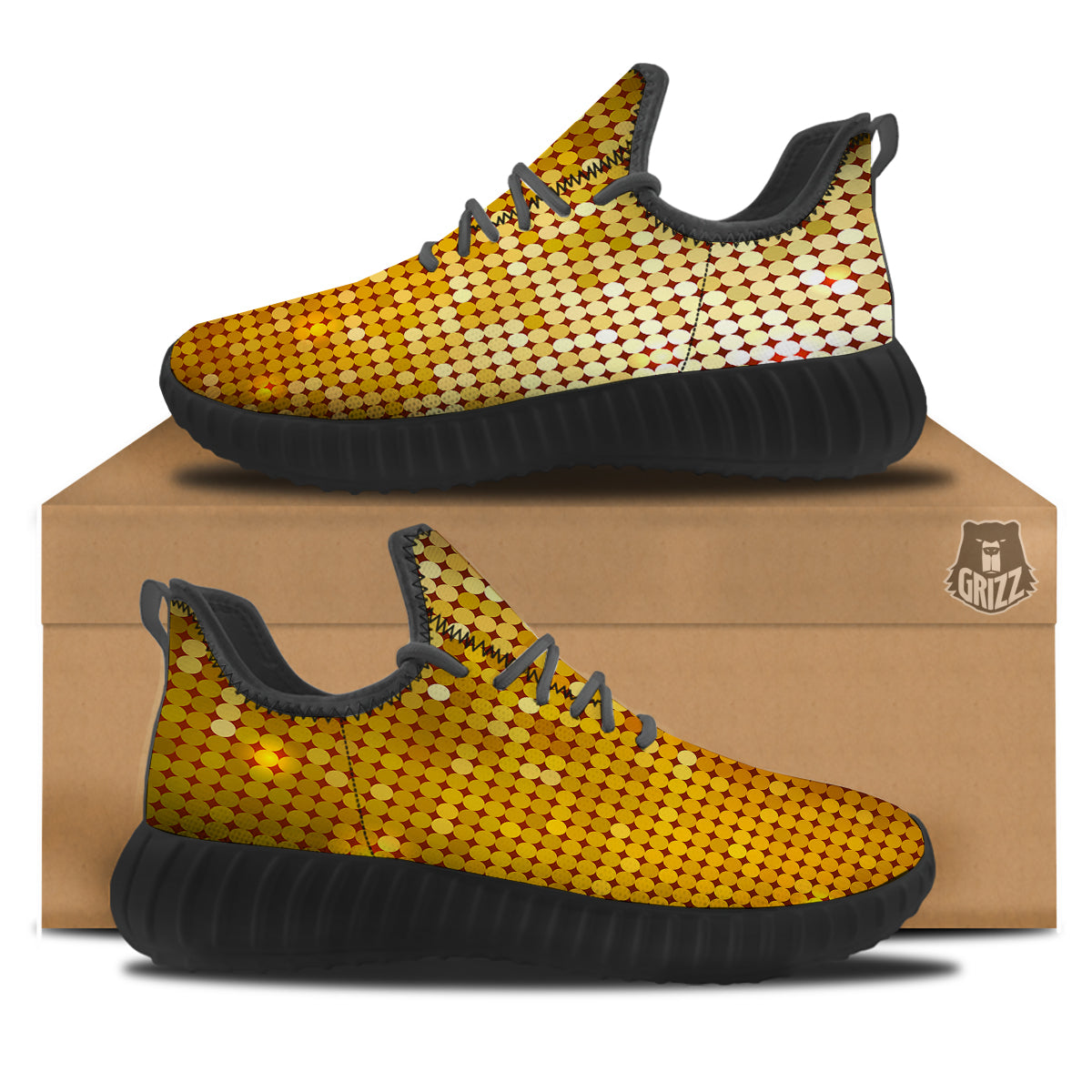 Disco Shiny Golden Texture Print Black Walking Shoes-grizzshop