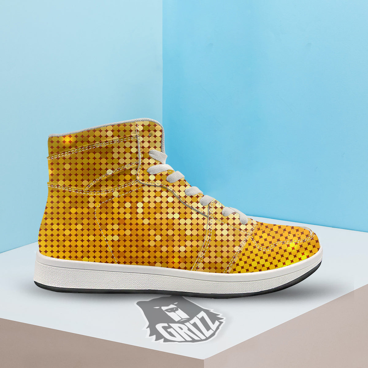 Disco Shiny Golden Texture Print High Top Sneakers-grizzshop