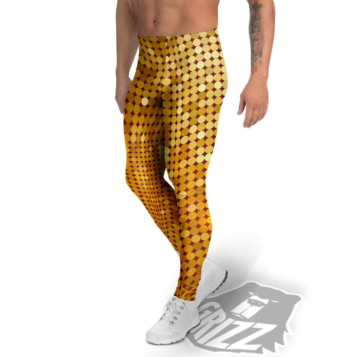 Disco Shiny Golden Texture Print Men's Leggings-grizzshop