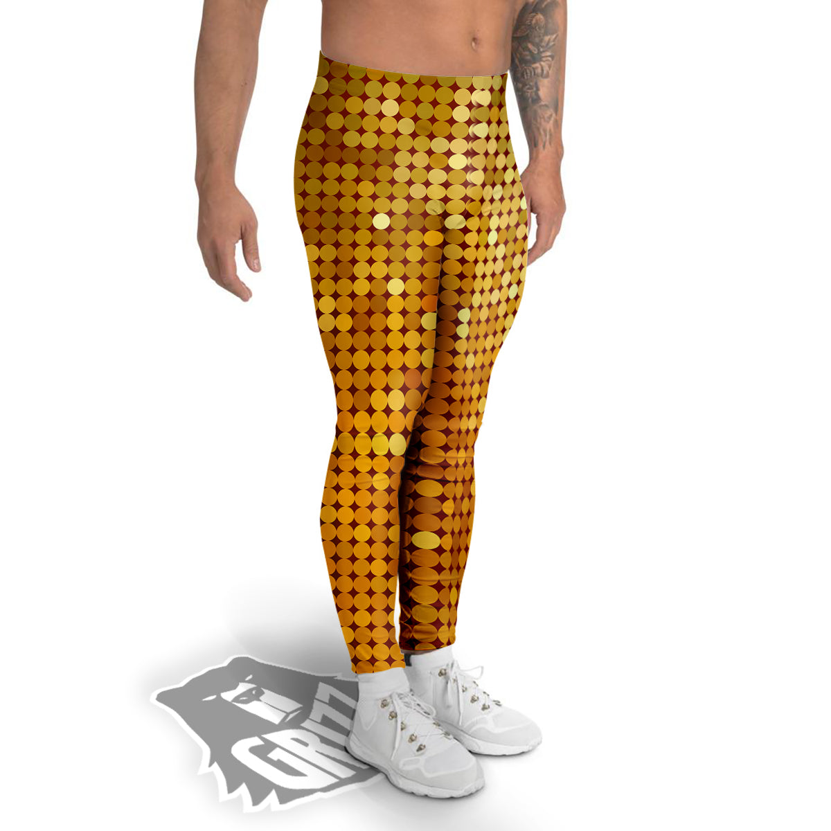 Disco Shiny Golden Texture Print Men's Leggings-grizzshop