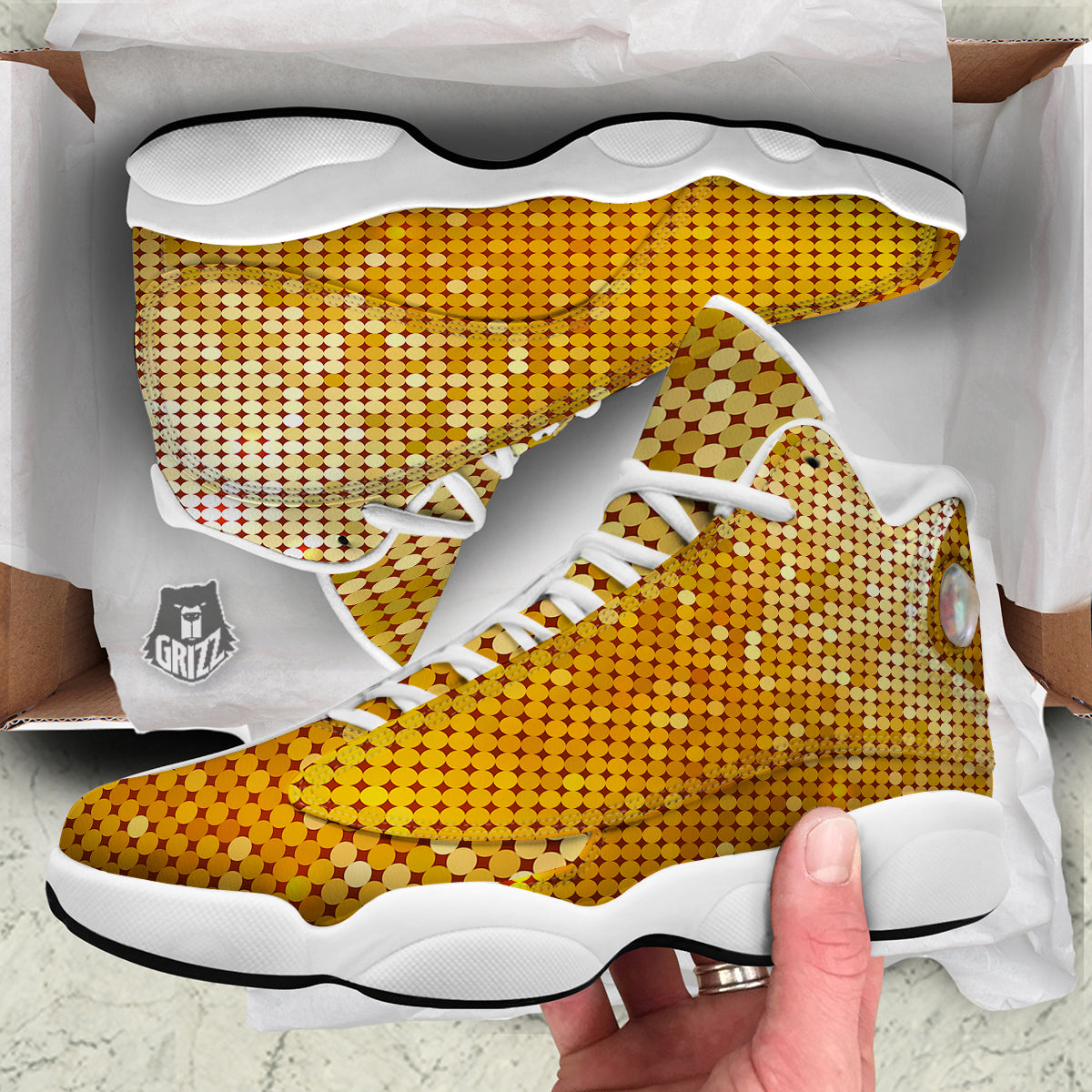 Disco Shiny Golden Texture Print White Basketball Shoes-grizzshop