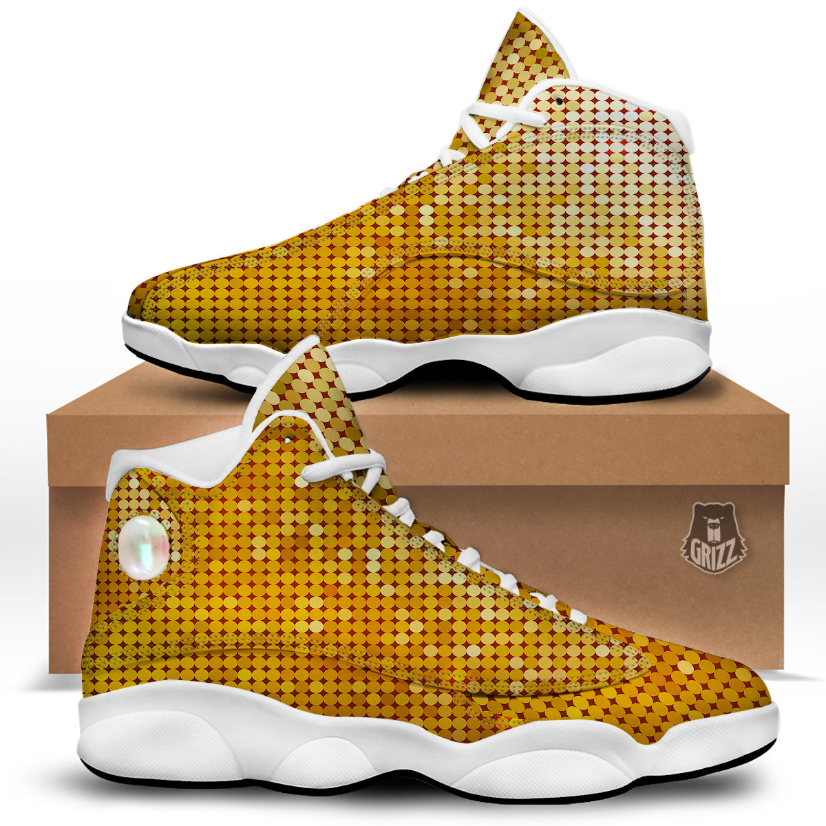 Disco Shiny Golden Texture Print White Basketball Shoes-grizzshop