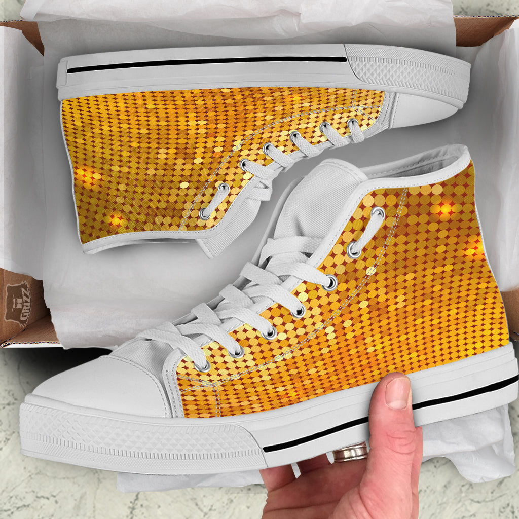 Disco Shiny Golden Texture Print White High Top Shoes-grizzshop