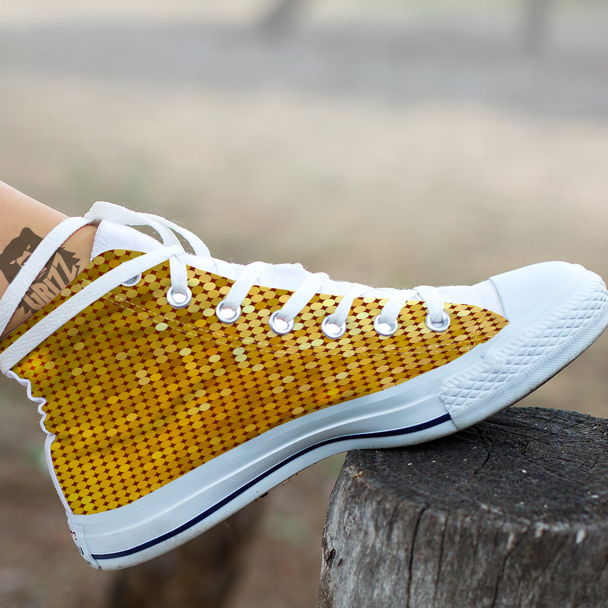 Disco Shiny Golden Texture Print White High Top Shoes-grizzshop