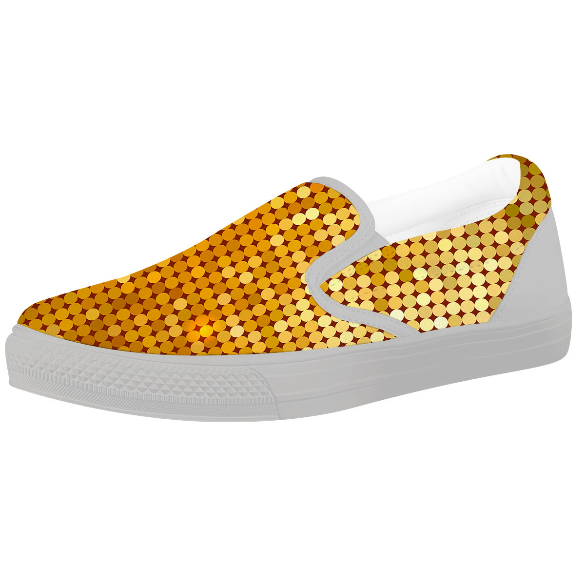 Disco Shiny Golden Texture Print White Slip On Shoes-grizzshop