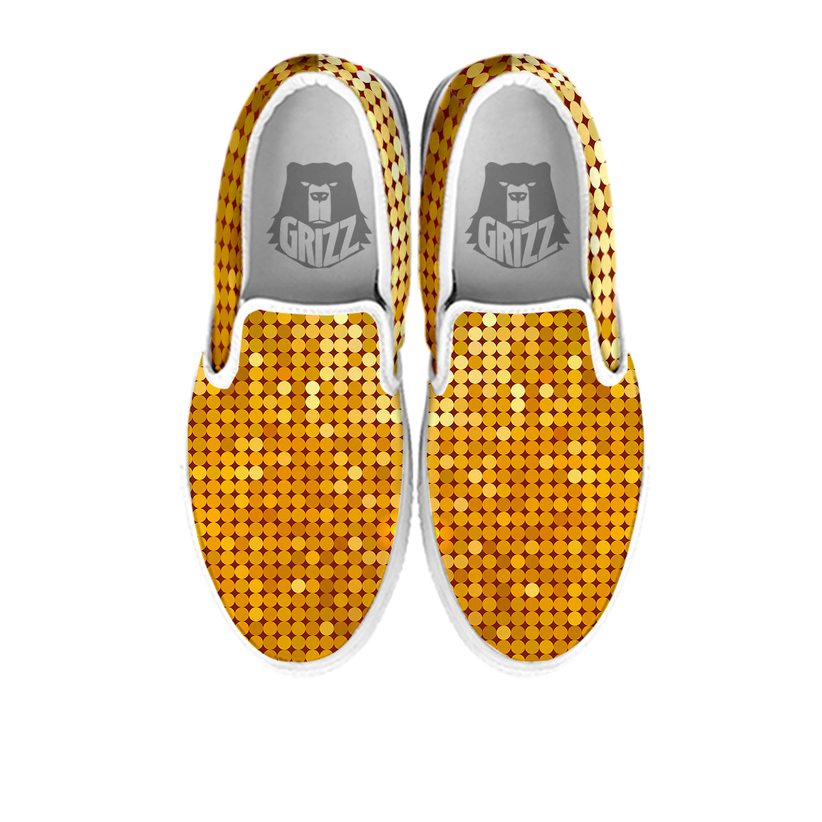 Disco Shiny Golden Texture Print White Slip On Shoes-grizzshop